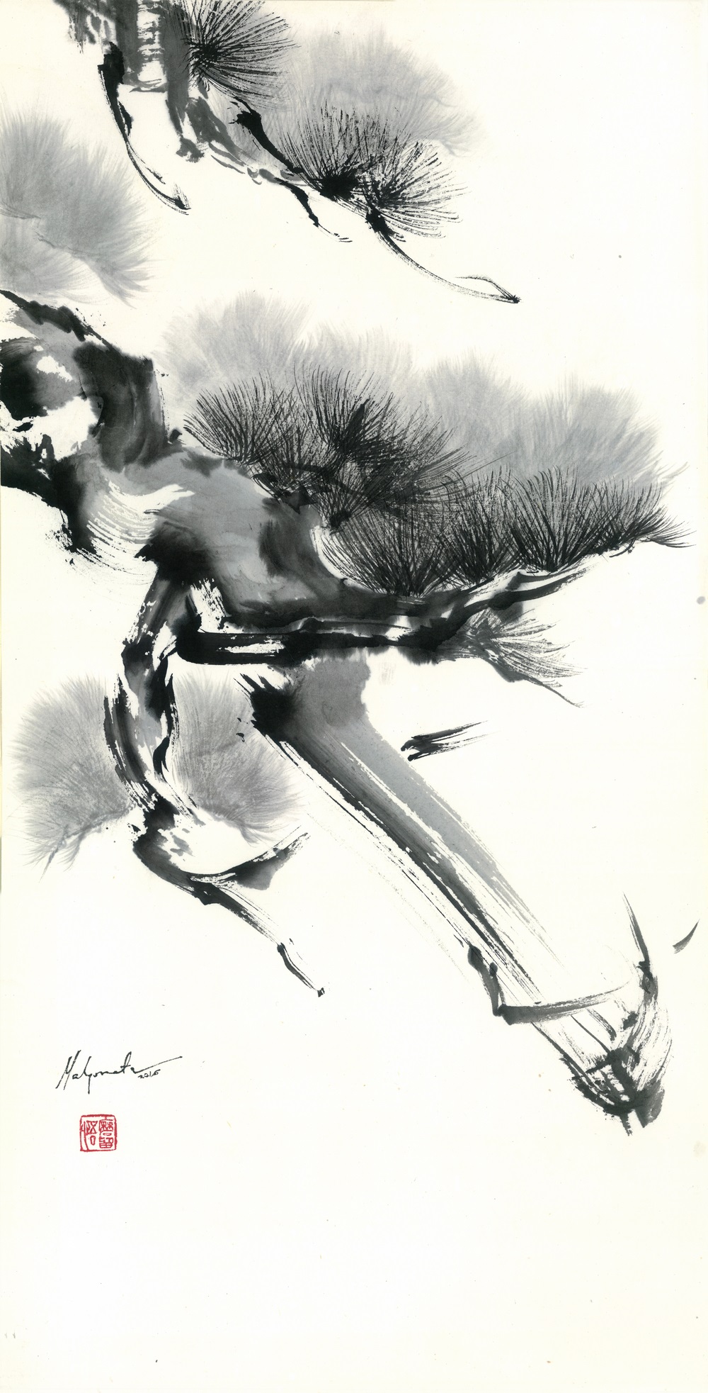 Malgorzata Olejniczak, Kiefer, 2016, Hängerolle, Tusche auf japanischem Papier, 66,5 x 33,5 cm, mit Seidenmontierung 119 x45 cm (Ausschnitt)